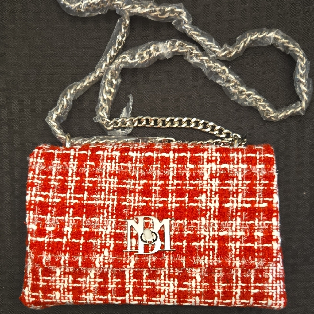 Badgley Mischka Red Tweed Crossbody Bag | Chain Strap | NWT